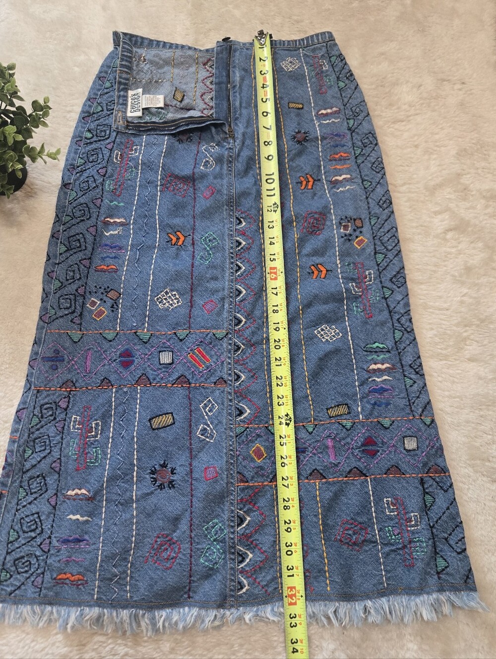 Chico's Design Vintage Embroidered Denim Maxi Fringed Boho Folk Skirt, 0 - 4/S - Picture 4 of 6
